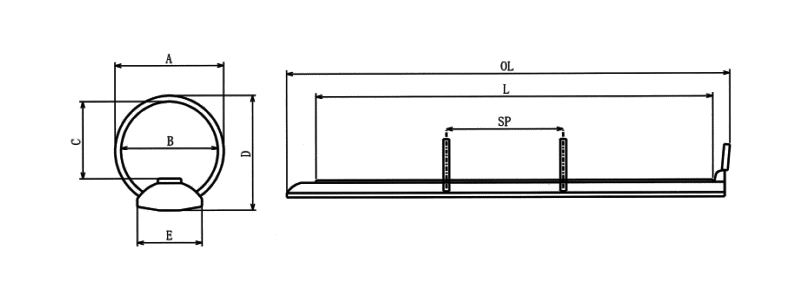 SS式2穴バインダー金具の各寸法の説明